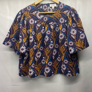 Evereve Blue White Mustard Floral Boxy Blouse W LG Button Key Hole Cape Sleeves